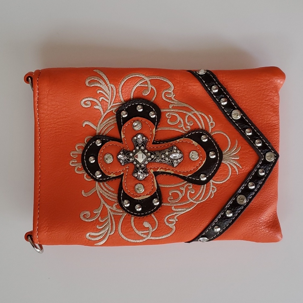 Rustic Couture Orange Black Vegan Leather Embellished Cross Crossbody Purse
